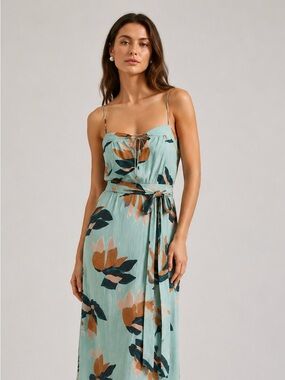 VIX teal and orange Slip Dress in Mint Floral with tie waist- XS